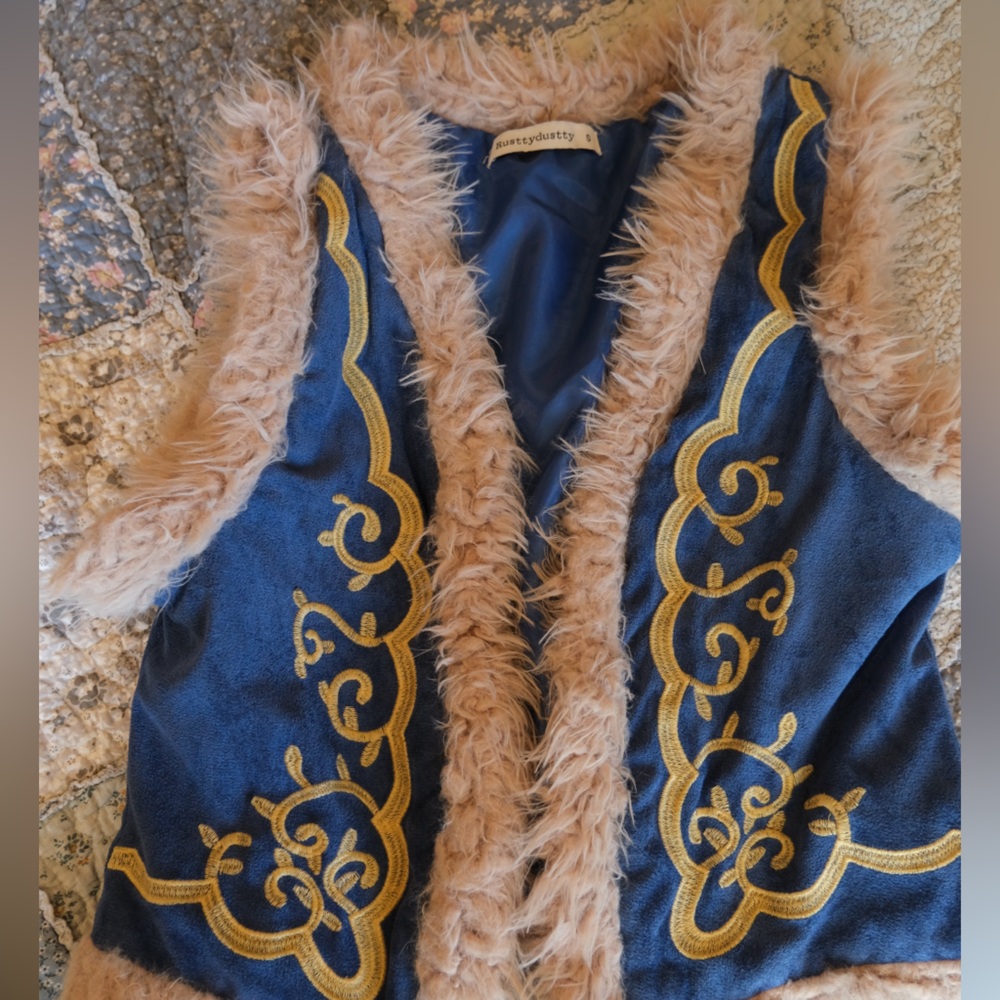 Blue and Gold Embroidered Vest with Faux Fur Trim